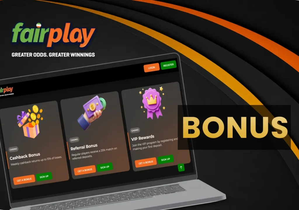 FairPlay bonus page with welcome offers, ongoing promotions and extra player rewards.