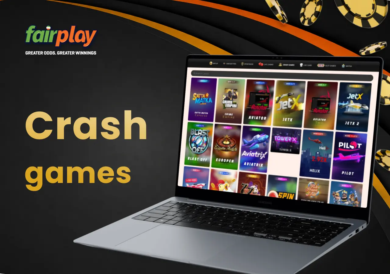FairPlay crash games section on a laptop with casino chips nearby.