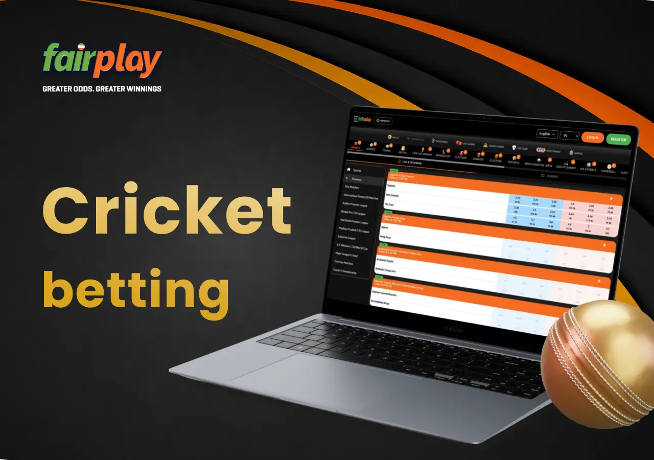 FairPlay cricket betting markets on a laptop with a cricket ball next to it.