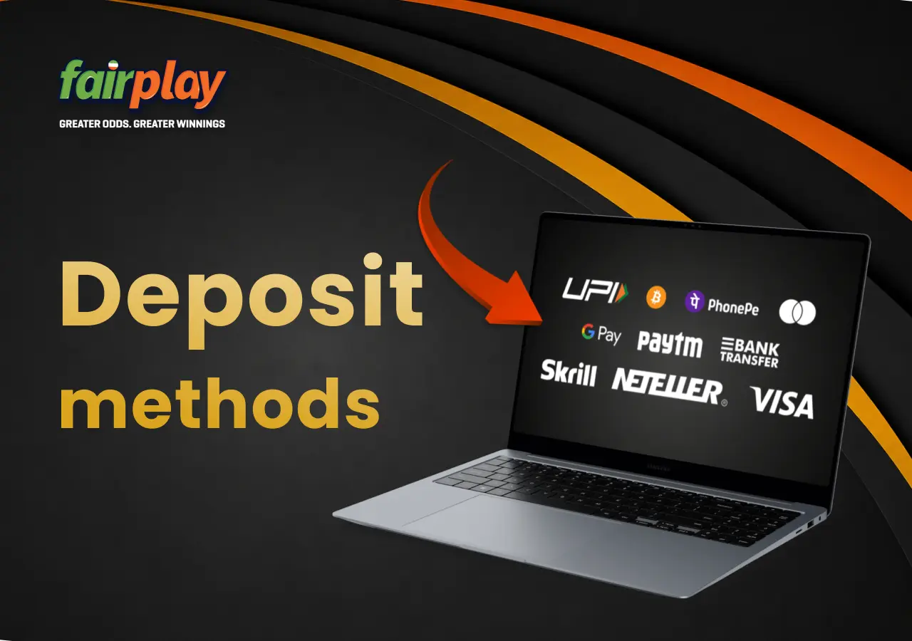 FairPlay deposit options on a laptop with an arrow pointing to the payment methods.