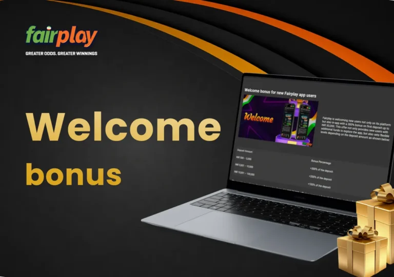 FairPlay welcome offer on a laptop screen surrounded by gift boxes.